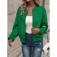 thumbnail image 2 of Women Round Neck Regular Sleeve Geometric Jacquard Bomber Jacket - Loose Fit, Green, S-5XL, Spring and Autumn, 2 of 7