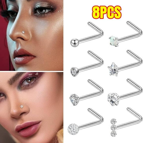 8PCS Nose Studs for Women Men L Shaped Nose Rings Surgical Steel Nostril Piercing Jewelry with Cubic Zirconia End