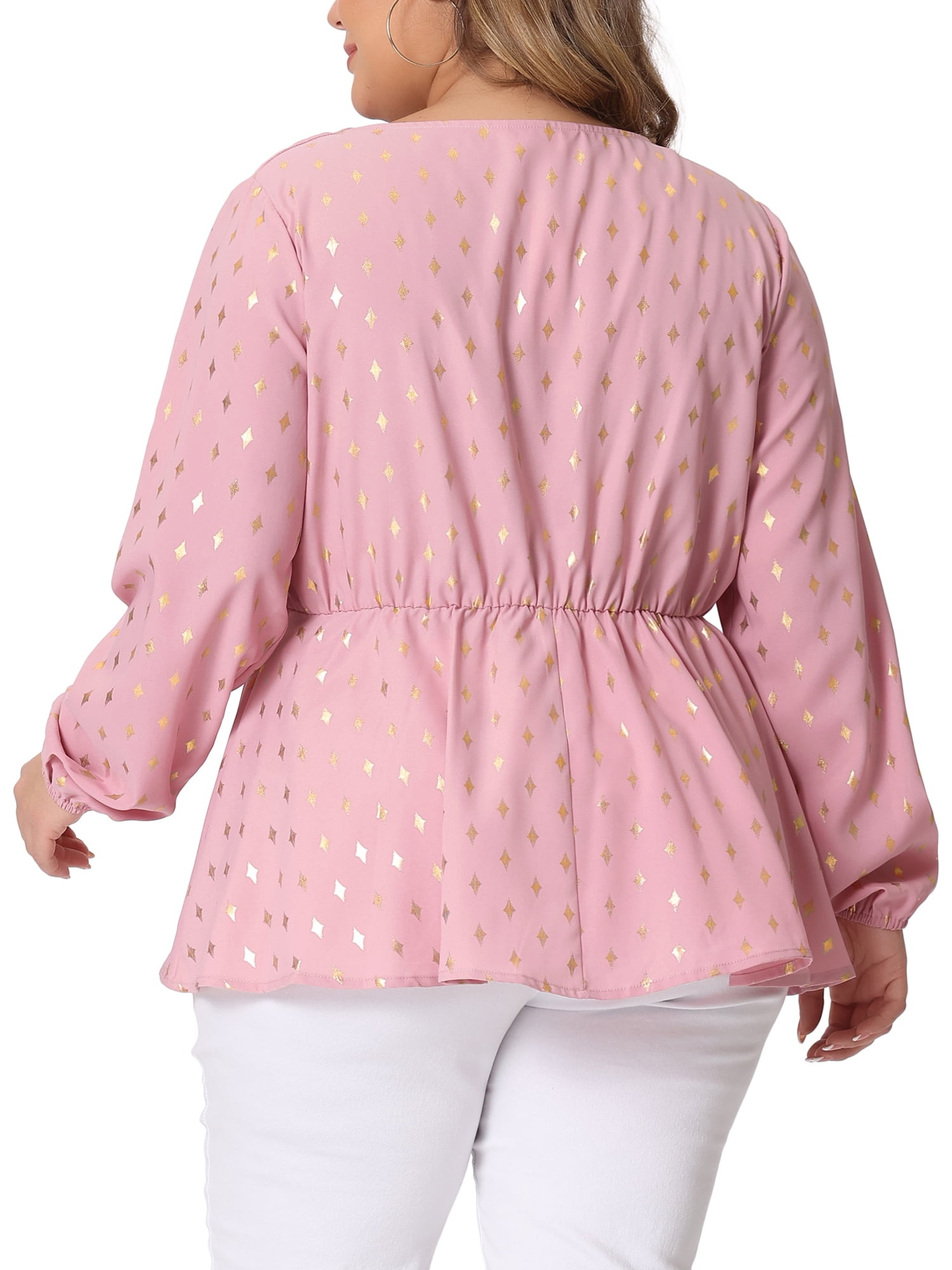 Women's Plus Long Sleeve V Neck Peplum Top Ruffled Elastic Waist Blouse 3X Pink