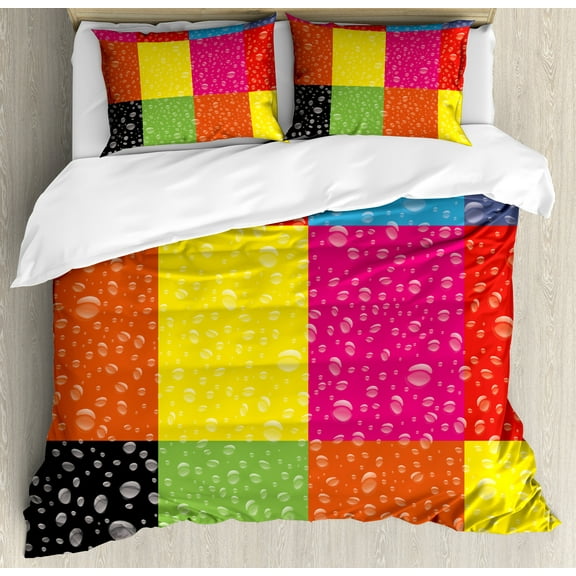 Colorful Duvet Cover Set, Vivid Geometrical Themed Continuous Pattern with Raindrops on Abstract Squares, Decorative 3 Piece Bedding Set with 2 Pillow Shams, Queen Size, Multicolor, by Ambesonne