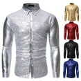 thumbnail image 2 of Adults Youth Men's Lapel Long Sleeve Shirt Casual Slim Shirt Cool Sequined Bronzing Dance Shirt Tops, 2 of 2