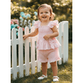 thumbnail image 6 of BemeyourBBs Toddler Baby Girl Summer Clothes Infant Baby Girl Smocked Cotton Linen Outfit Bow Flying Sleeve Ruffle Shirt Tops and Shorts Set 2 Piece Summer Outfit, 6 of 9