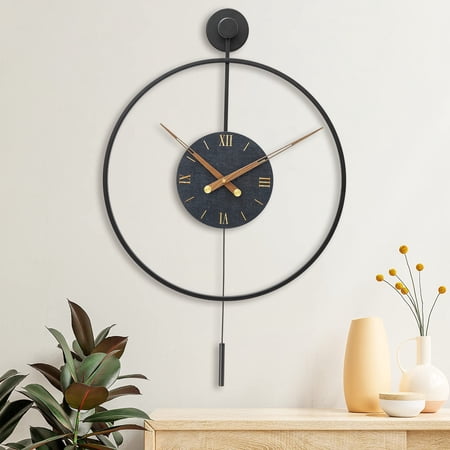 Large Modern Wall Clock Clocks For Living Room Decor Classical Metal Minimalist Roman Numeral Dial Big Decorative Farmhouse Pendulum With Walnut Pointers Office Dining