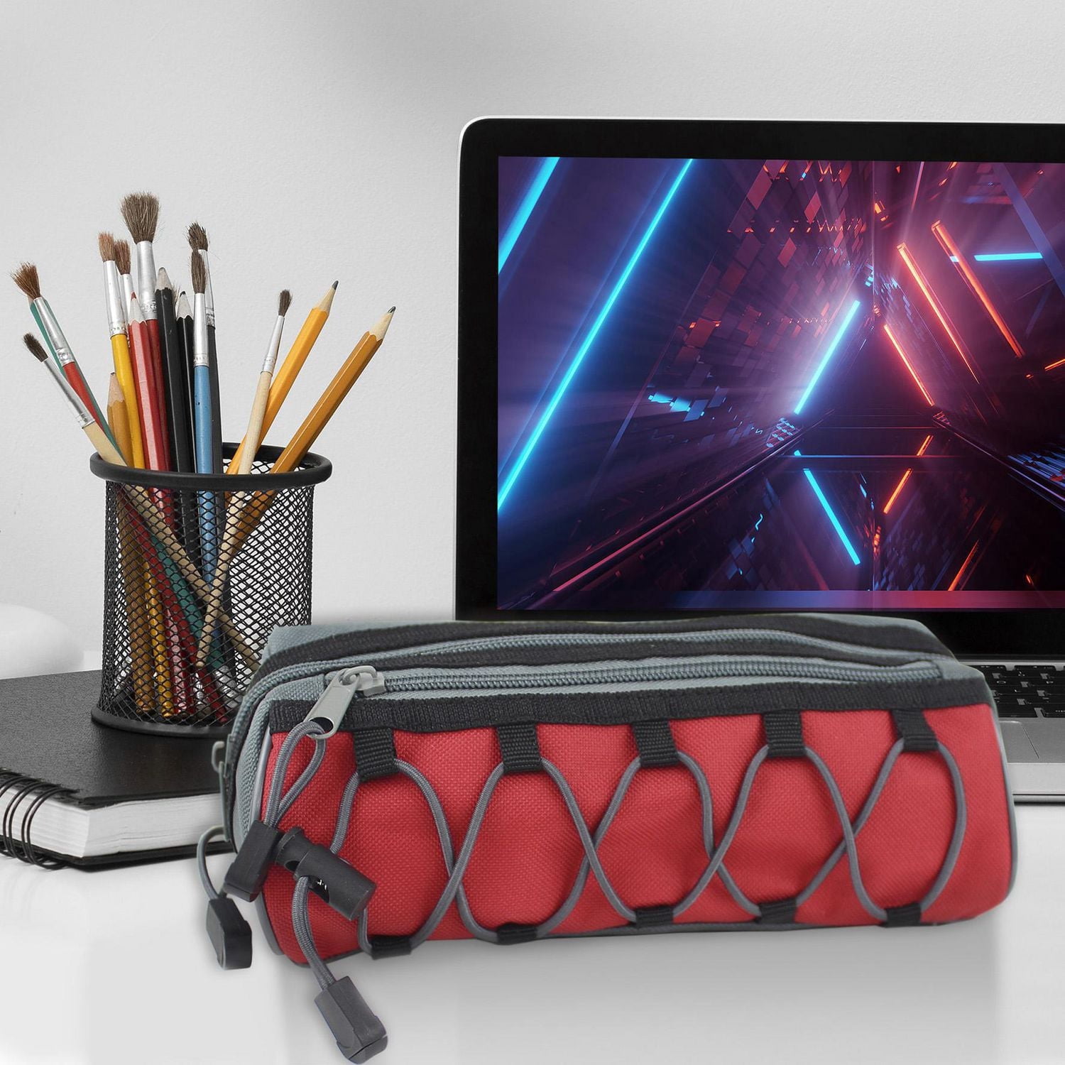 Pen + Gear Sporty 2 Zip Pencil Pouch with Grey Elastic Bungee Cord and Black Toggles