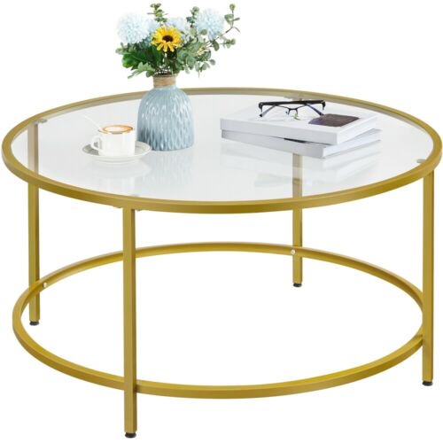 Modern Coffee Table Round End Table w/ Glass Top for Living Room