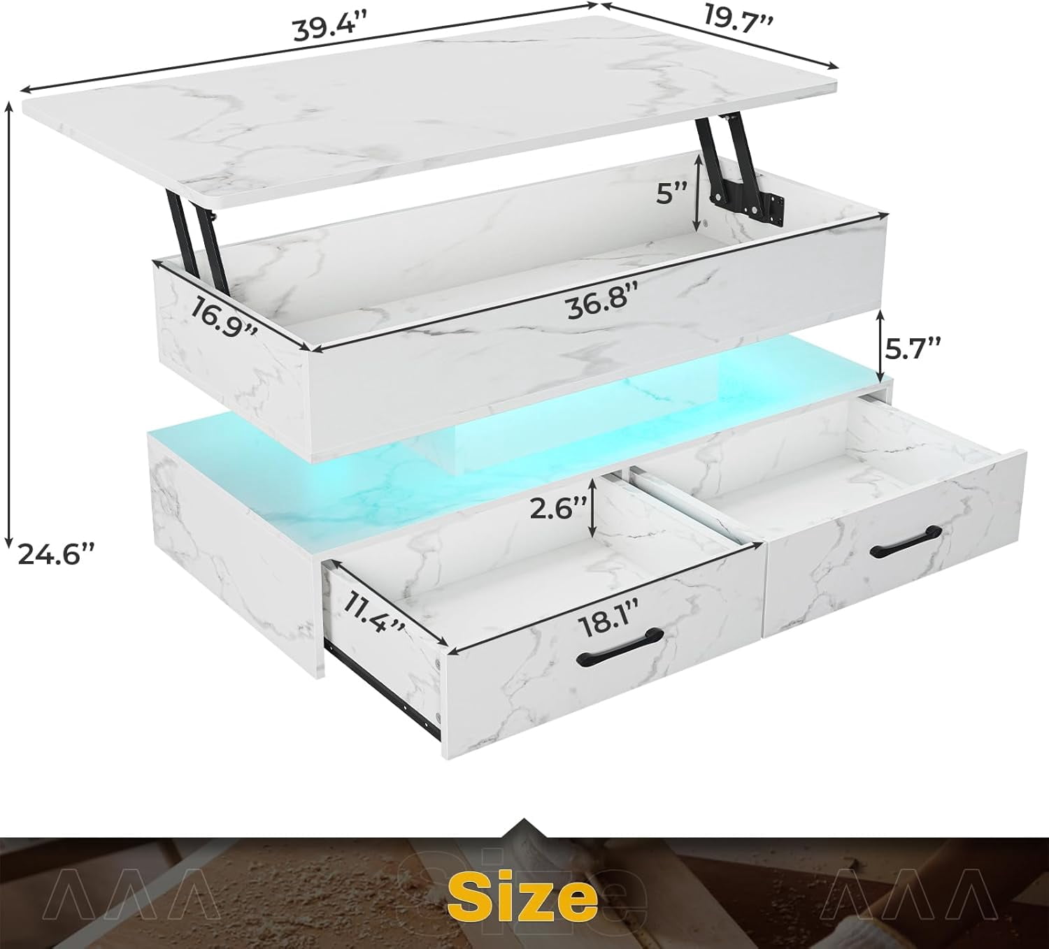 40" Lift Top Coffee Table with Storage, Modern Coffee Table with LED Lights and 2 Drawers, Small Coffee Table for Living Room, Dining Reception Room, White Marble