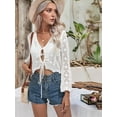 thumbnail image 6 of Womens Crochet Crop Tops Tie Front Bell Long Sleeve Cardigan V Neck Light-Weight Knit Shrug Sweaters White S, 6 of 8