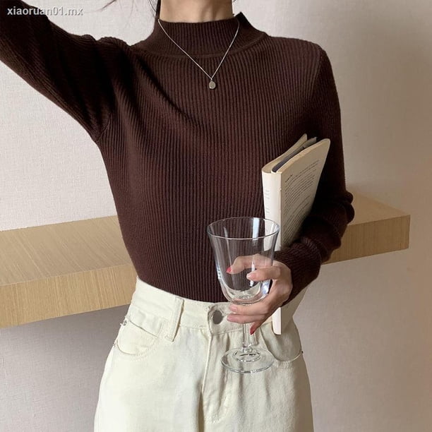 ﹍Cuello medio alto con una camisa de fondo negro para mujer suéter de todo fósforo de otoño e invierno para mujer 2021 nuevas blusas de manga larga moda extranjerapangjing