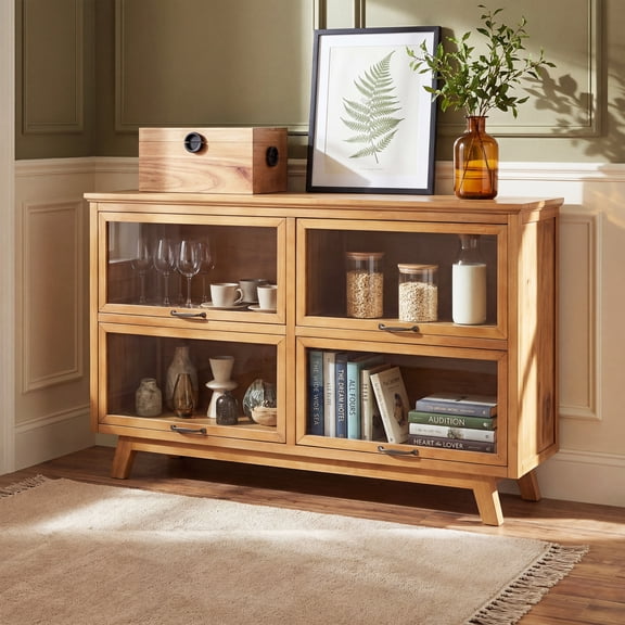 Christopher Knight Home Storage Cabinet with 4 Glass Doors, Display Cabinet with Tapered Legs, Natural