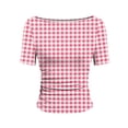 thumbnail image 7 of Htigea Plaid T-Shirts for Women Slim Short Sleeve Boat Neck Tops Cute Tees Y2K Trendy Side Ruched Summer Shirt Pink L, 7 of 7