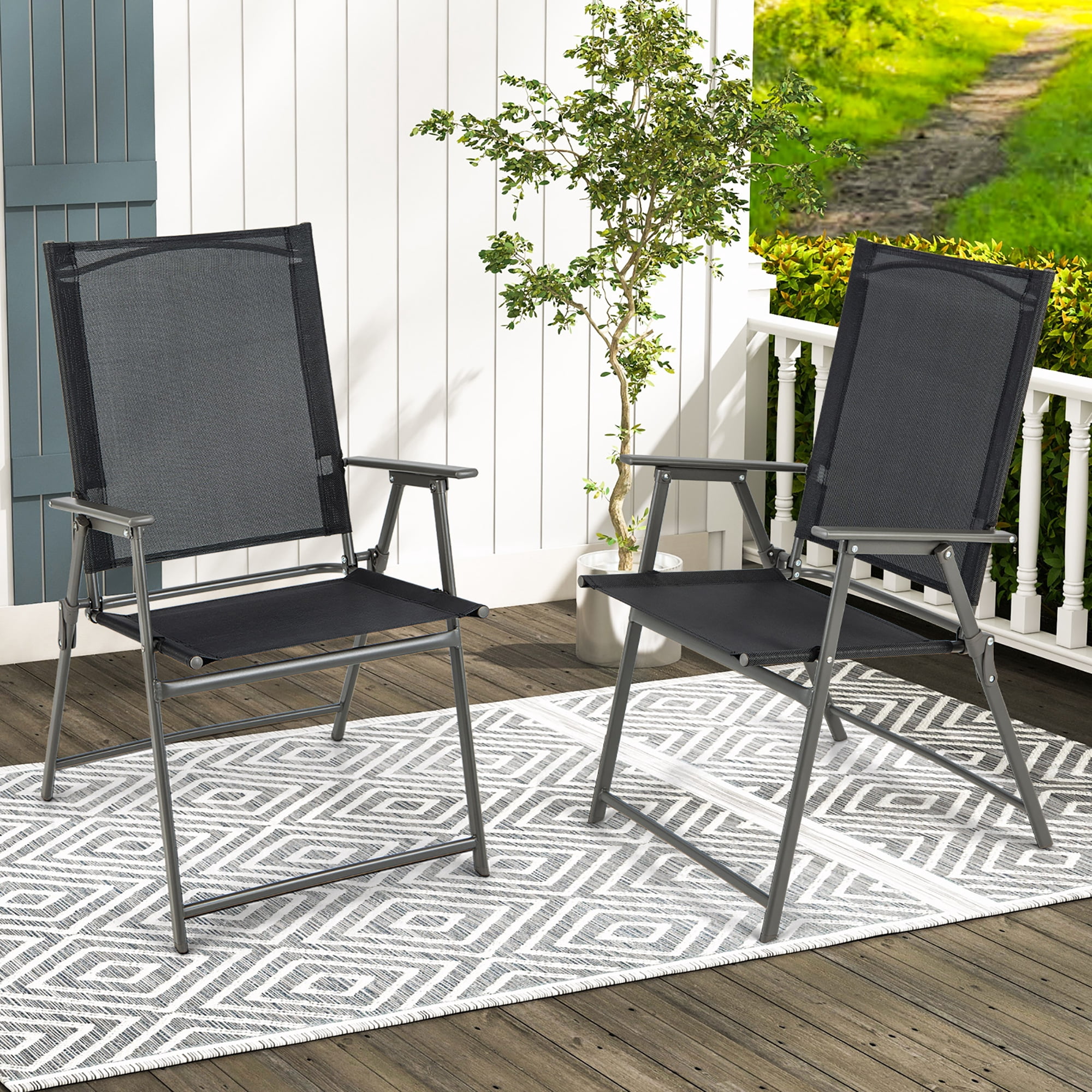 Costway 4pcs Patio Folding Portable Dining Chairs Metal Frame Armrests Garden Black