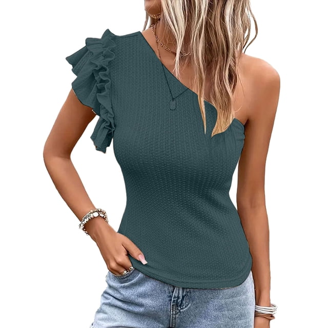Camisas de Mujer con Volantes, Corta, Hombros Descubiertos, Corte Entallado, Cuello Alto, Punto Acanalado Azul Marino L