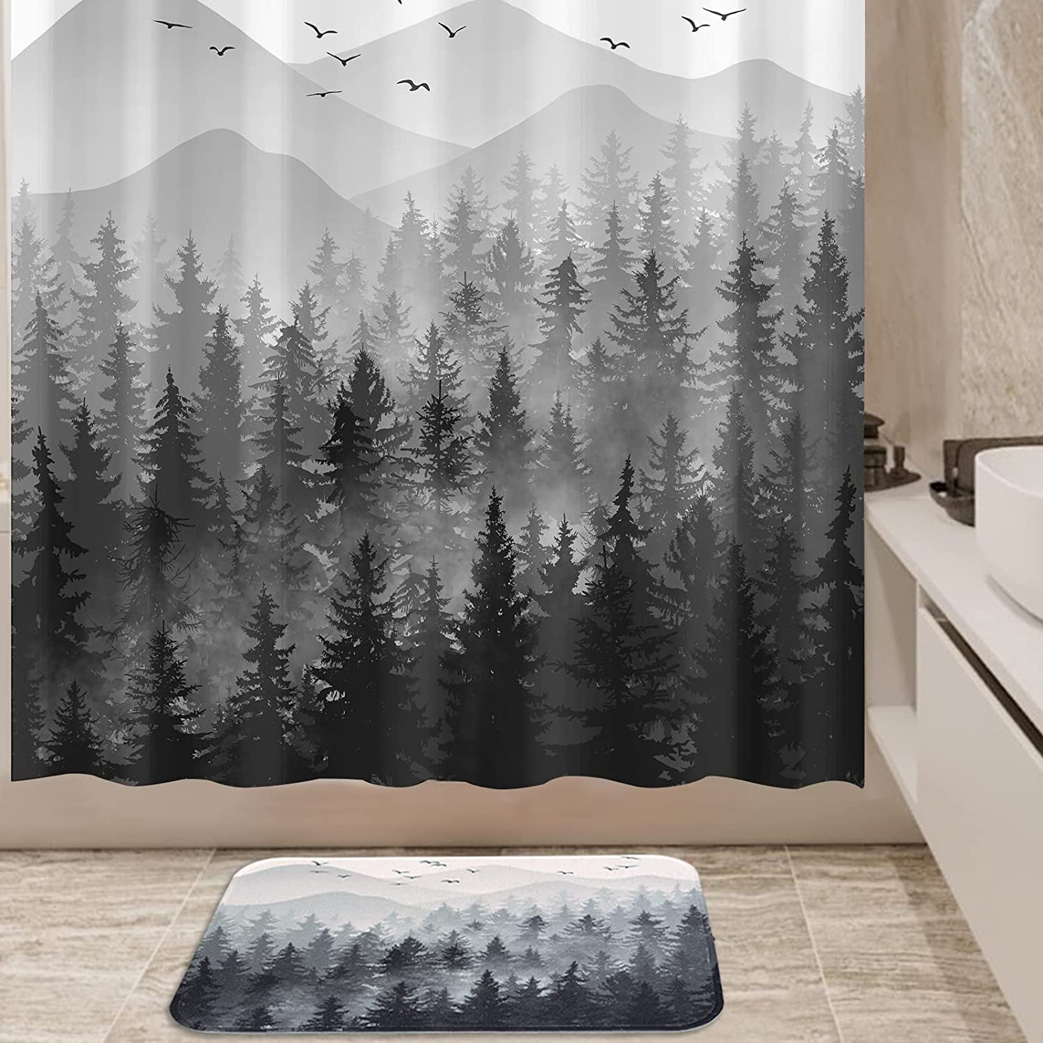 and White Misty Forest Shower Curtain Bundle with Black Misty Forest