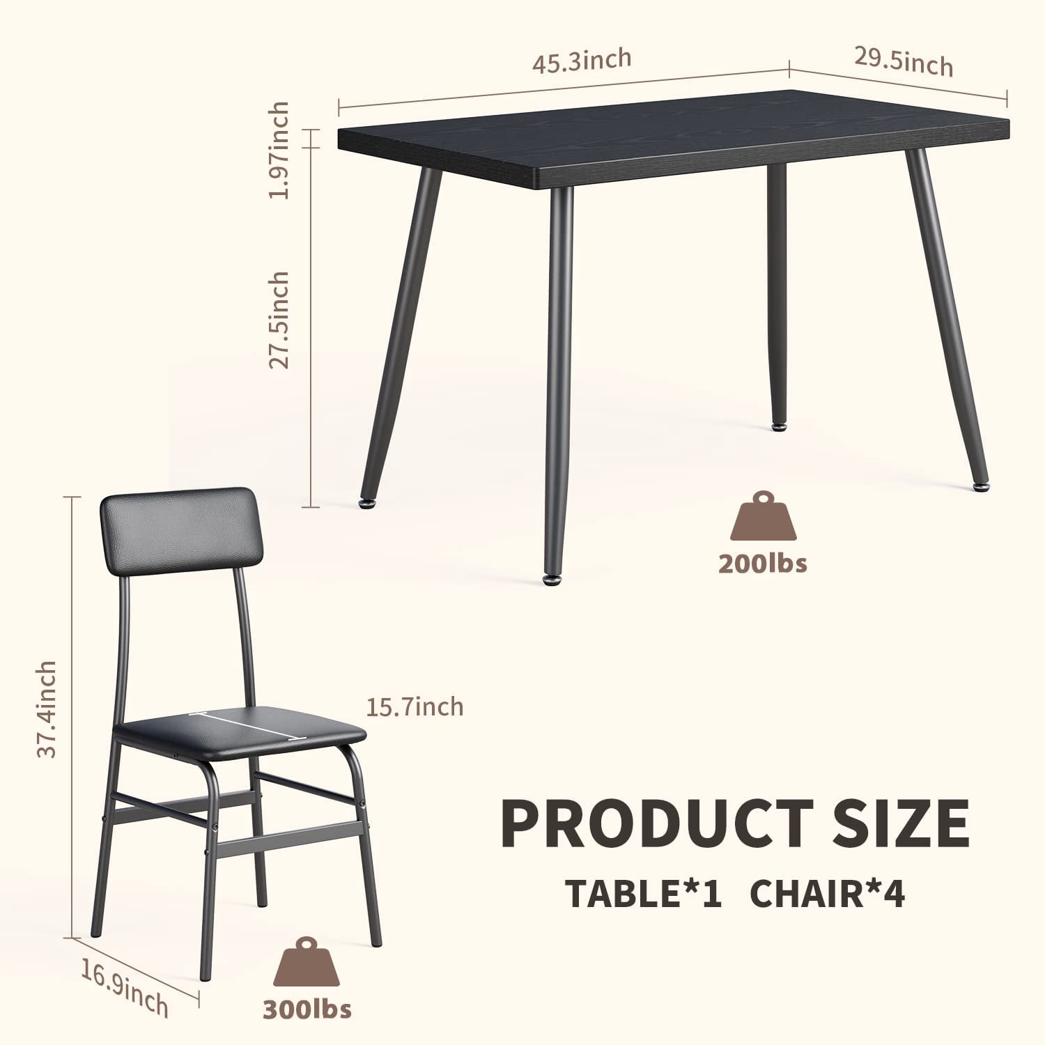 5-Piece Dining Table Set for 4, Modern Kitchen Table with 4 Chairs, Space-Saving Metal Frame & Wood Top Dining Set for Small Spaces, Apartment, Breakfast Nook -  Black