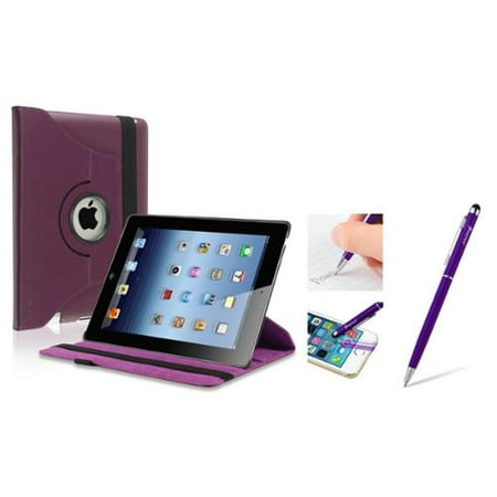 Insten Purple 360 Swivel Rotating Leather Case w/ Sleep Mode + 2in1 Stylus with Ballpoint Pen For Apple New iPad 3 / 2