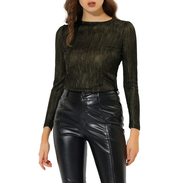 INSPIRAR CHIC Camiseta de Mujer de Manga Larga Brillante con Purpurina Metálica L Negra Brillante