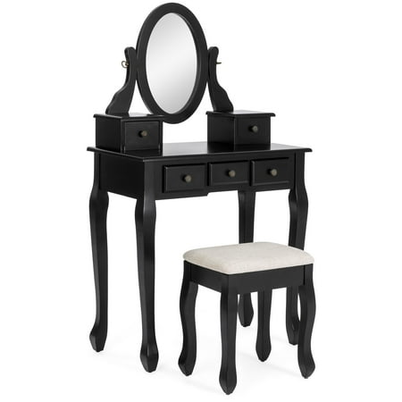Hayworth Vanity Set Best Choice Products Makeup Cosmetic Beauty Vanity Dressing Table Set w/ Oval Mirror, Stool Seat, 5 Drawers - Black ()