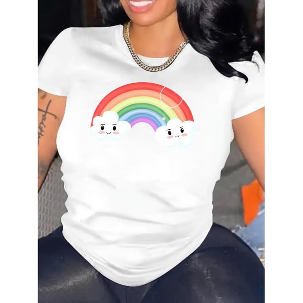 Camisetas para mujer, lindas camisetas con estampado gráfico, de manga corta, estilo casual, para veranoCreative Rainbow Graphic Print T-shirt, Casual Round Neck Short Sleeve Top, Women's ClothingFa