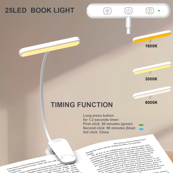 ECYCKYRA LED Rechargeable Book Light for Reading in Bed with 25 LED, Flexible Goose Neck Clip on Light for Book Lover(White)