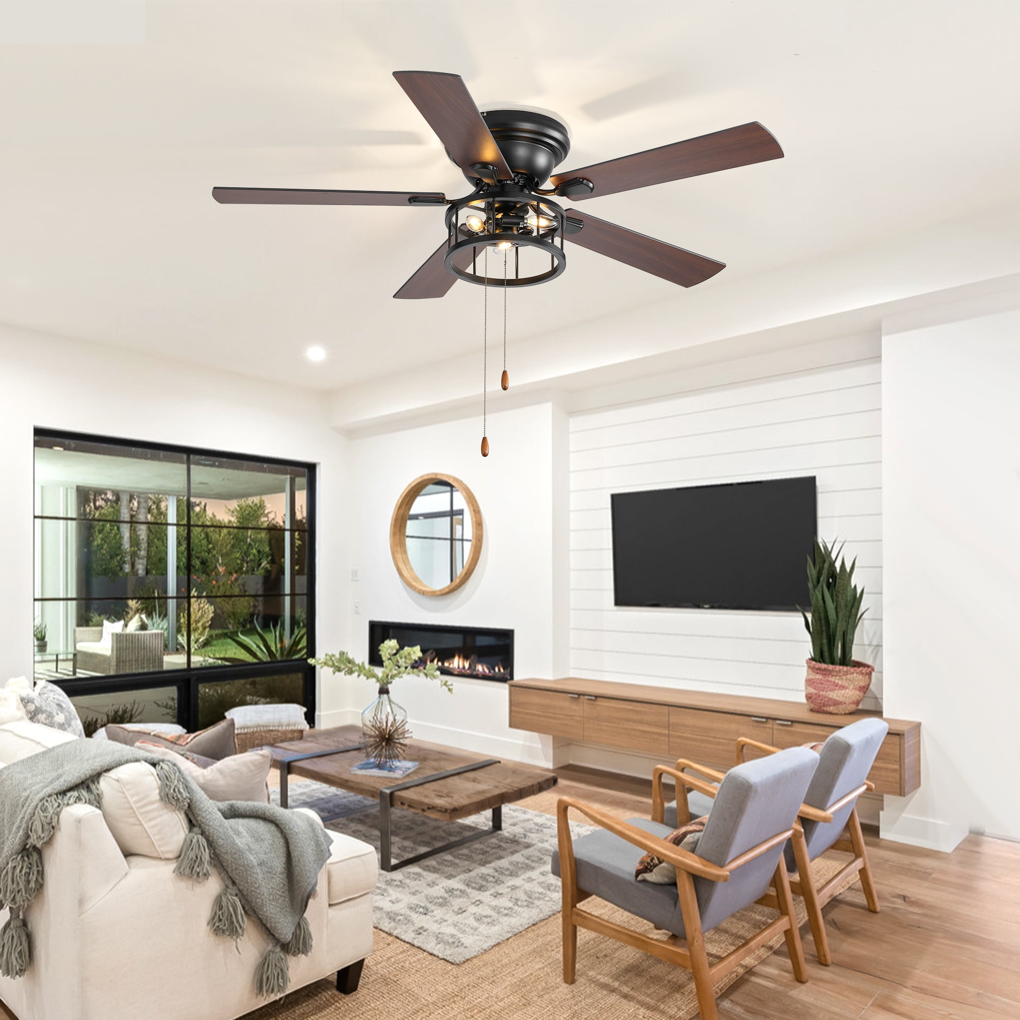 ALKAFY 52-inch Traditional Flush Mount Ceiling Fan with Light, Pull Chain and Classic Plywood Blades for Bedroom, Living Room, Kitchen