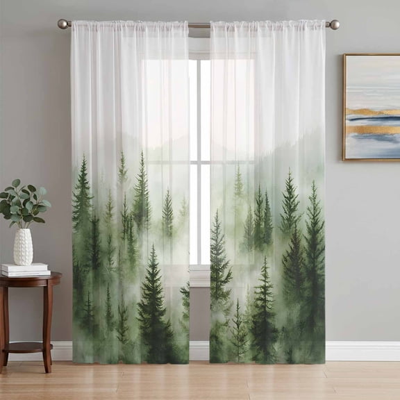 Green Mist Forest Semi Sheer Curtains 96 Inch Length 2 Panels Set, Foggy Mountain Tree Nature Landscape Sheer Kitchen Curtain Privacy Voile Window Curtain for Living Room Bedroom Rod Pocket Drapes