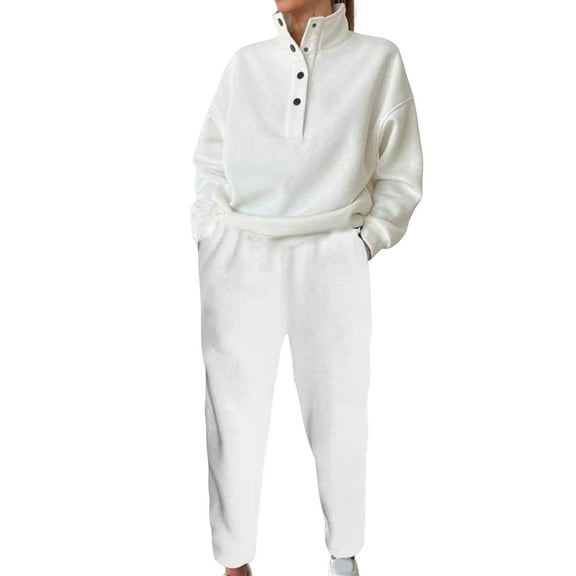 Women Fall 2 Piece Outfits Sweatsuits Quarter Button Long Sleeve Sweatshirt Wide Leg Pants Tracksuit White M