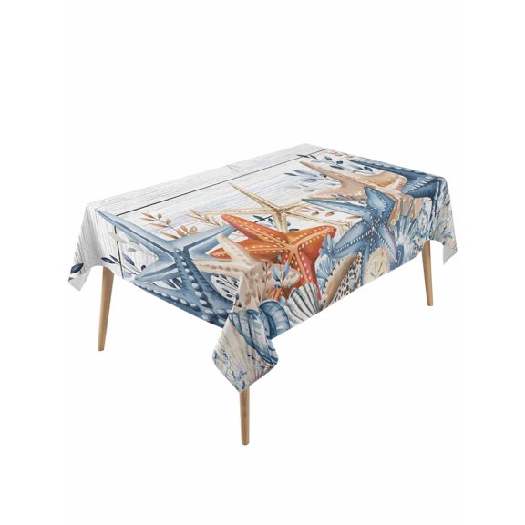 Blue Coastal Table Cloth, Waterproof Tablecloth for Rectangle Tables, Summer Beach Starfish Weeping Eucalyptus Wooden Reusable Washable Fabric Table Cover for Restaurant Kitchen Dining 54"x108"