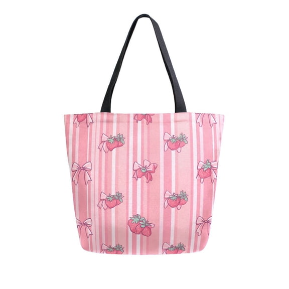 Open Top Canvas Tote Bag with Zipper Reusable Shopping Bag 13.5x15" Roomy Carryall Pink Bows and Strawberries