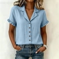 thumbnail image 6 of VBVC Women's Ruffle Short Sleeve Collared Shirt, Ladies' V-Neck Button Down Blouse, Casual Solid Color Summer Top For Women,Blue,S-2XL, 6 of 9