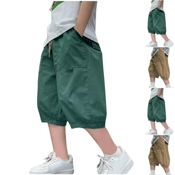 MKOSPLRT 3-14 Years Wide Leg Capri Pants Kids Boys Elatic Waist Joggers Solid Color Baggy Capri Pants with Pocket