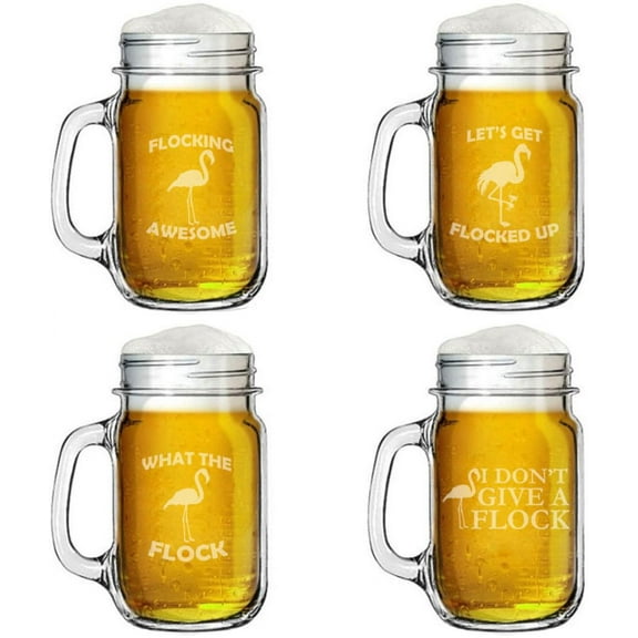 16oz Mason Jar Glass Mug w/Handle Gift Set of 4 Funny Flamingo Collection