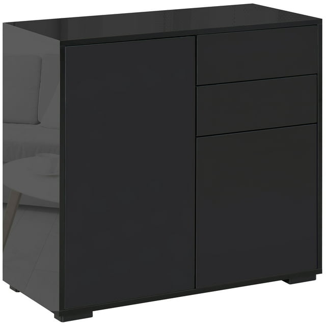 CoSoTower High Gloss Buffet Sideboard with 2 Drawers, 2 Doors and Adjustable Shelf, Kitchen Storage Cabinet with Push Open Design, Black