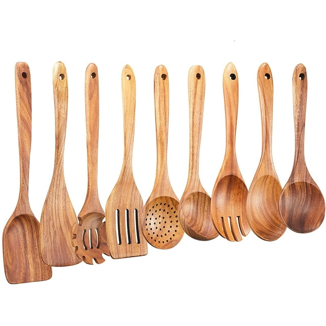 Juego de utensilios de cocina de madera, 9 cucharas de madera de teca natural para sartenes antiadherentes.