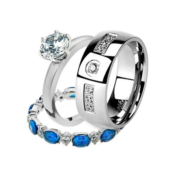 His and Her Stainless Steel 2.25 Ct Cz Bridal Ring Set and Men Zirconia Wedding Band Women's Size 10 Men's Size 10