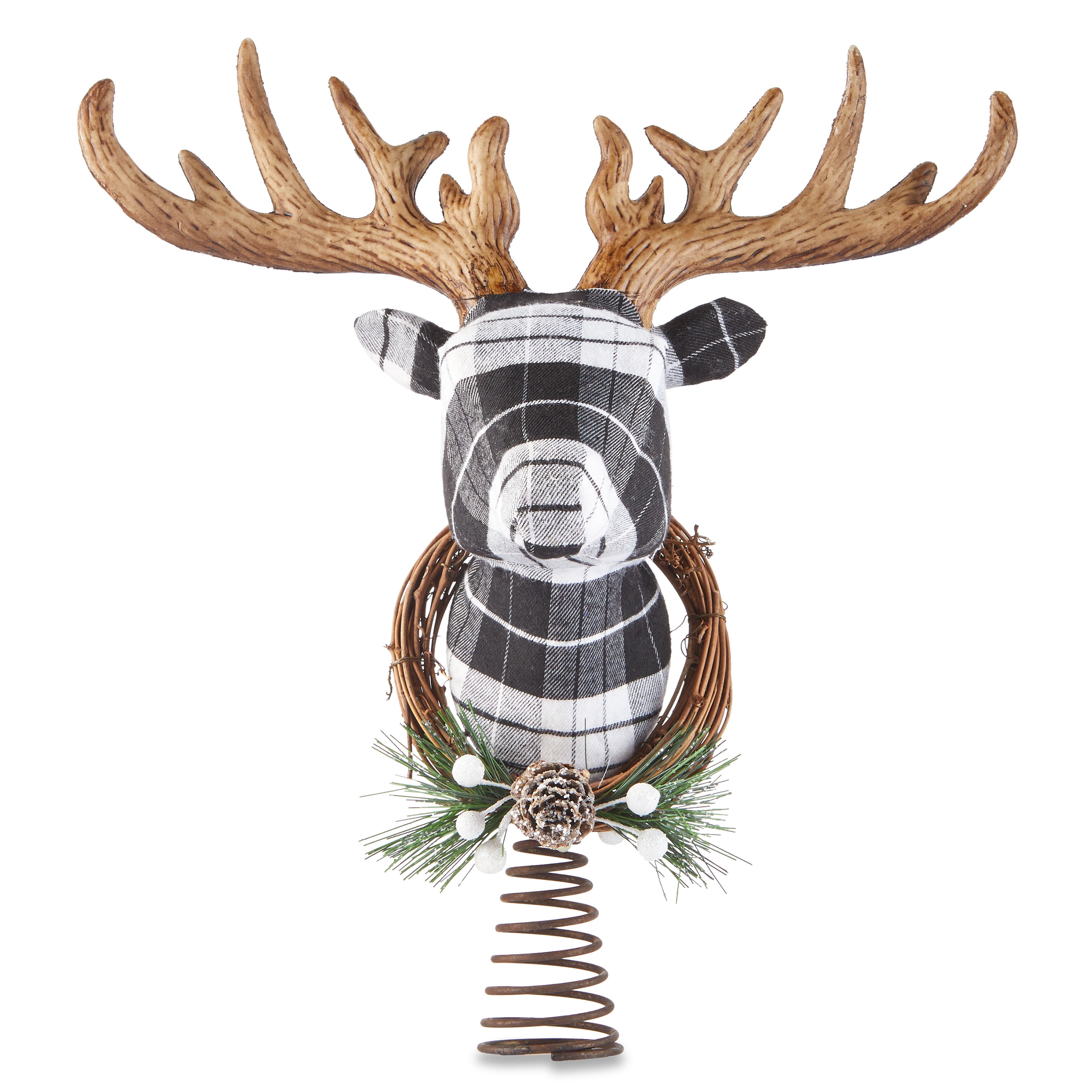 Holiday Time Black and White Plaid Wrapped Deer Head Christmas Tree Topper