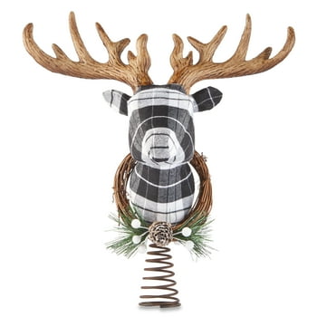 Holiday Time Black and White Plaid Wrapped Deer Head Christmas Tree Topper