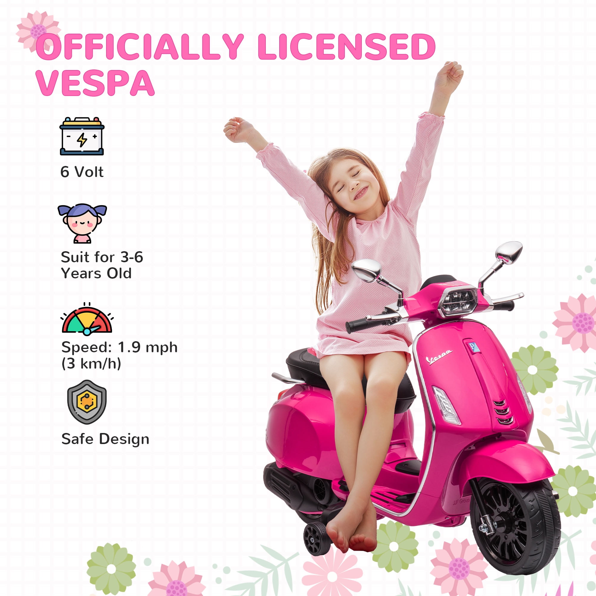 Qaba Vespa Licensed Electric Motorcycle for Kids, 6V Toddler Motorcycle with Music, FM Radio, Headlight, Single Button Start, Pink
