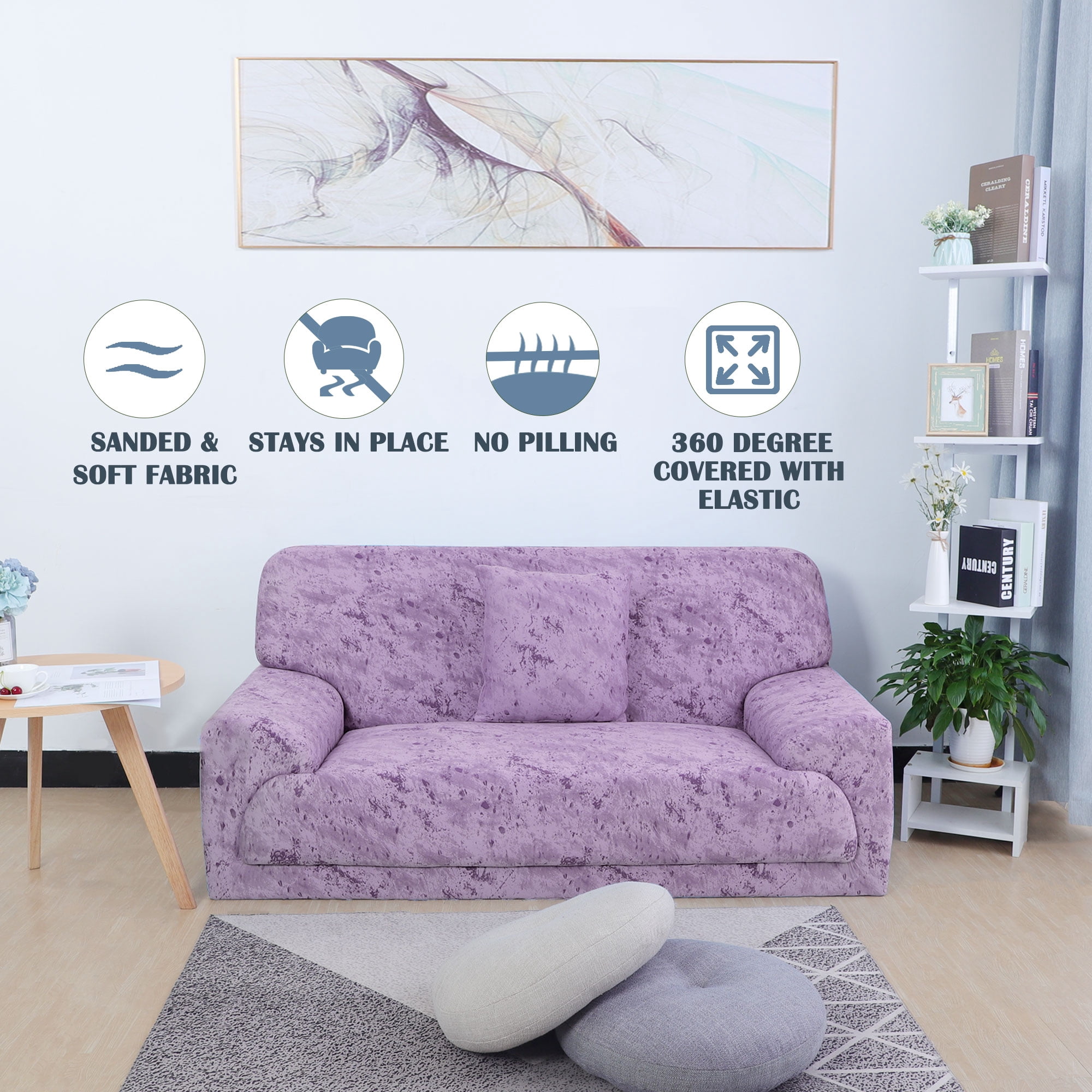 PiccoCasa 2 Seater Sofa Slipcover Ink Painting Printed Couch Cover, 57"-72", Pale Purple
