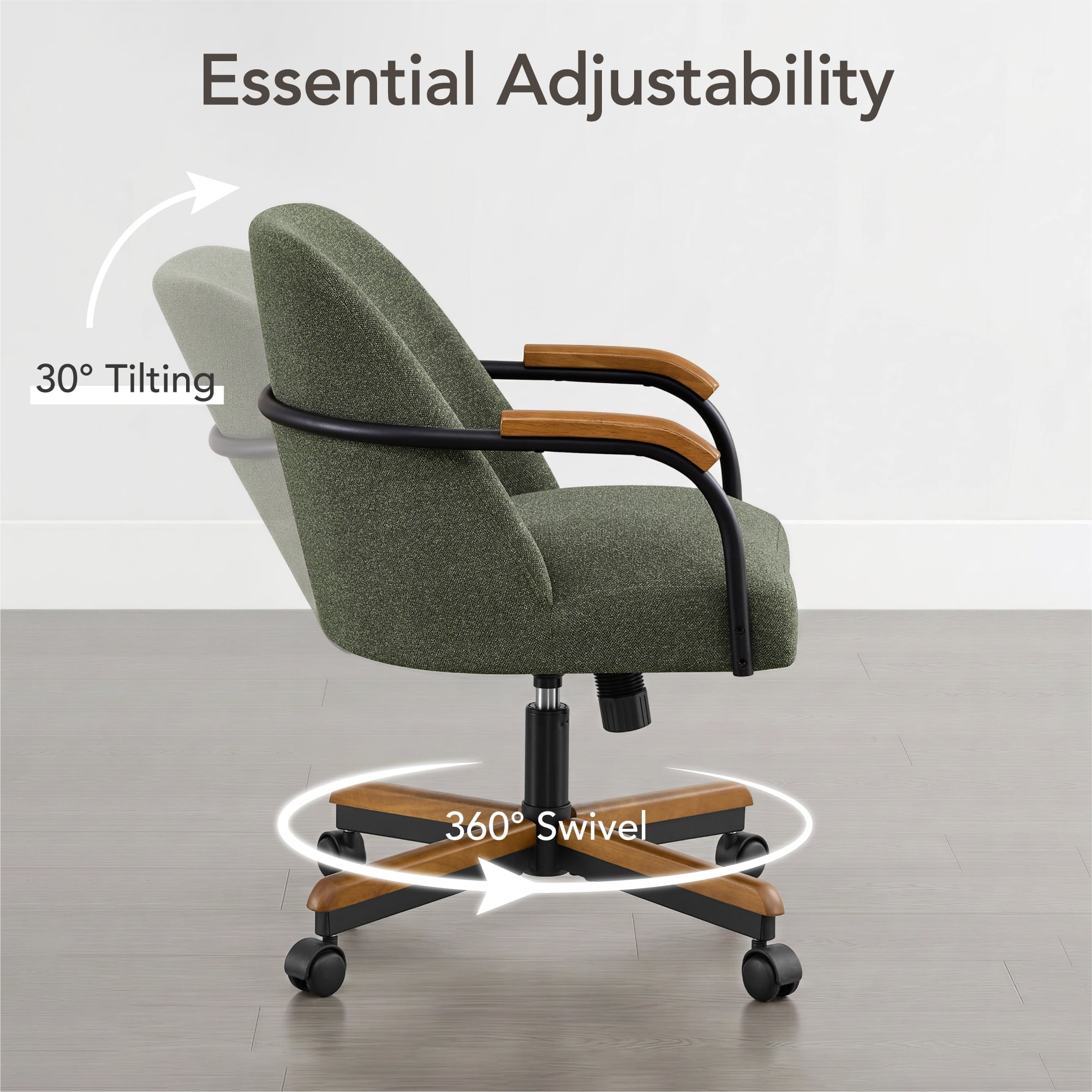 Spruce & Spring Swivel Dining Chairs Set of 2, Upholstered Tilt Chairs with Caster Wheels, Metal Frame & Wood Accents, for Dining Room, Kitchen & Home Office, Green Fabric