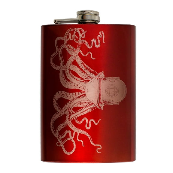 8oz RED Steampunk Octopus Flask L1