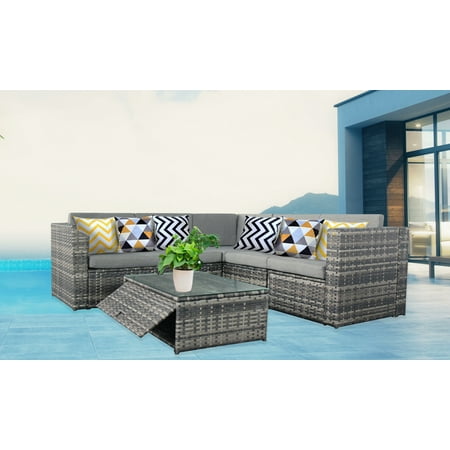 Summer Cottage Patio Furniture Baner Garden K35-HH 4-Piece Complete Outdoor Rattan Wicker Furniture Set with Grey Cushions for Pool Patio Backyard, Mixed Grey ()