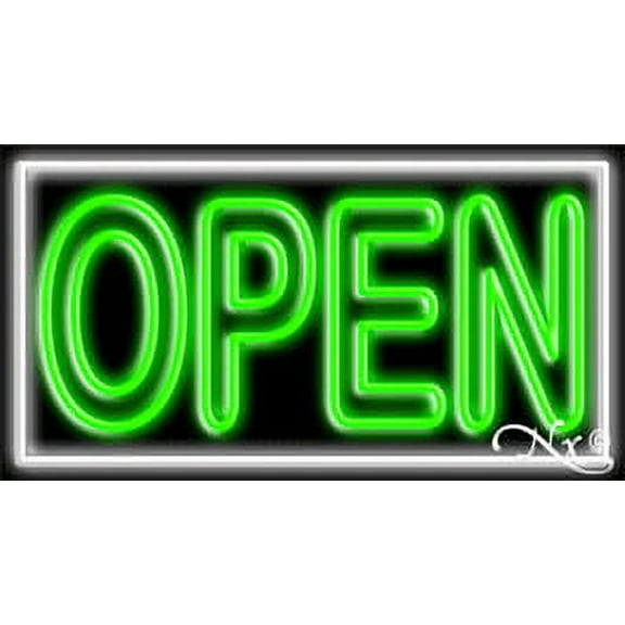 Double Stroke Green Open With White Border LED Neon Sign 13 x 24 - inches, Black Square Cut Acrylic Backing, with Dimmer - Bright and Premium built indoor LED Neon Sign for storefront.