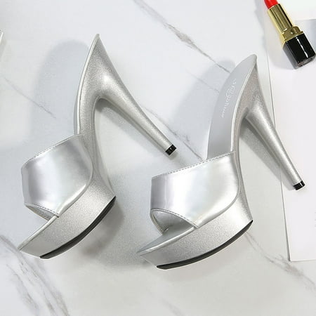 

Cathalem Slip On Slippers Women Fashion Versatile High Heels Slim Heels Fashion Female Sandals for Women Casual Summer Silver 7.50