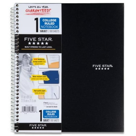 Notebook 20 Pages Five Star Spiral Notebook, 1-Subject, 100 College-Ruled Sheets, 11 x 8.5 Inch Sheet Size, Black (72057) ()