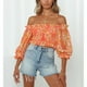 thumbnail image 2 of Blusa con hombros descubiertos para mujer, estampado floral, media manga, pecho fruncido, camisa corta ajustada a la moda con hombros descubiertos, Top naranja L, 2 of 7