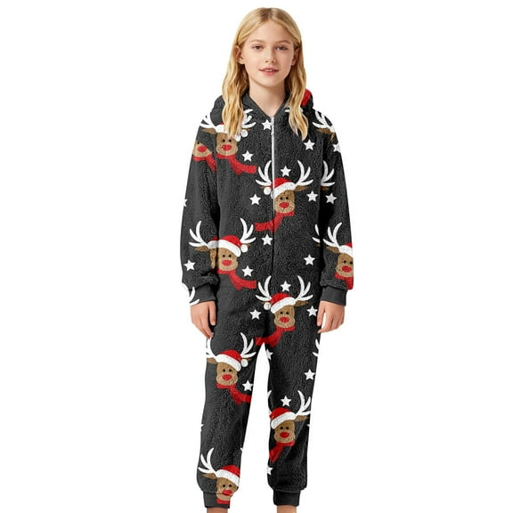 HNMKIU Kids Christmas Jumpsuit Cozy Print Girls Jumpsuit Hooded Romper Playwear Winter Holiday Outfit Soft Thermal Loungewear For Toddler And Kid Christmas Outfit Dark Gray - 3-4 Years