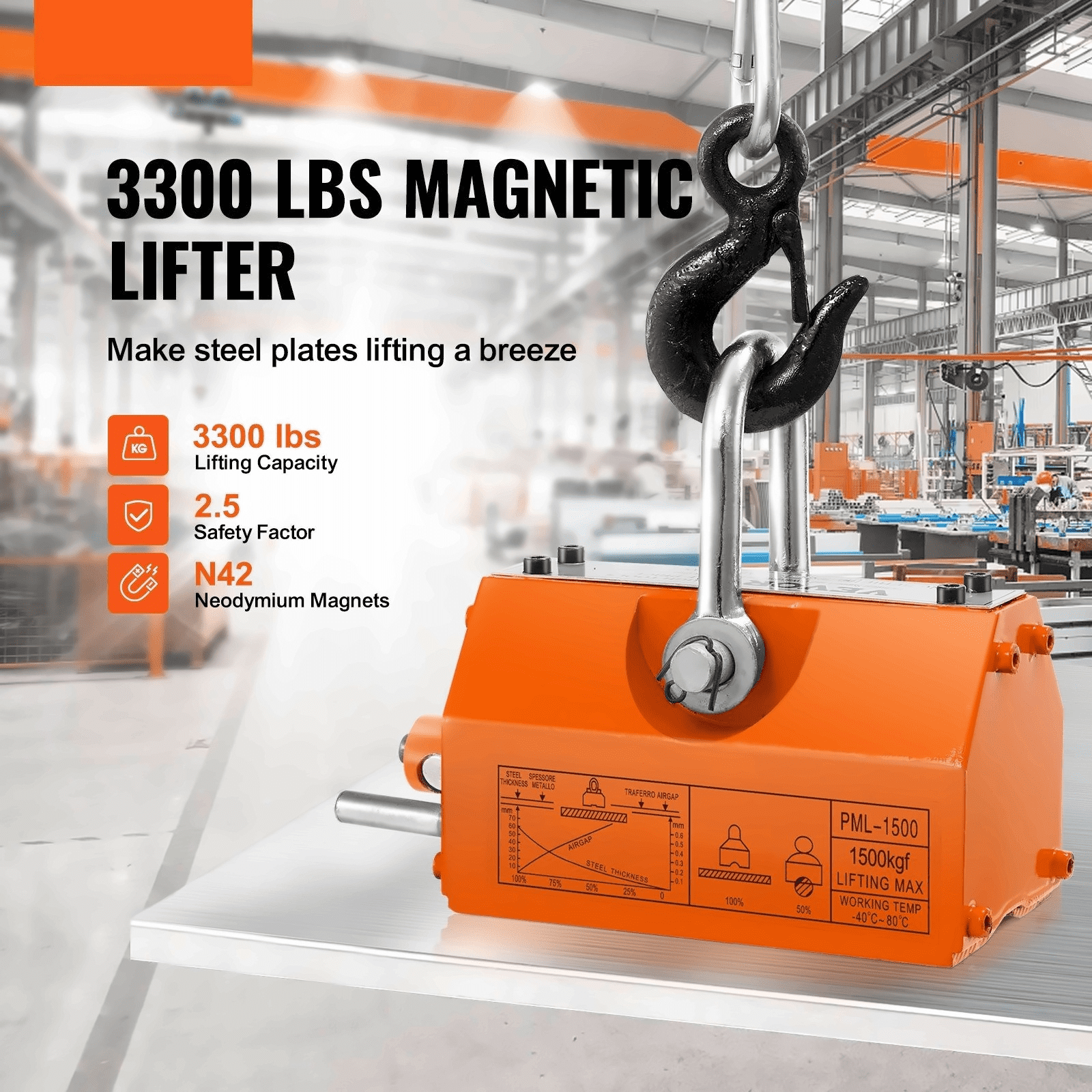 Magnetic Lifter 3300lbs Capacity - Heavy Duty Steel Lifting Magnet, Neodymium Permanent Magnet with Safety Handle, Ideal for Hoist, Crane, Metalwork