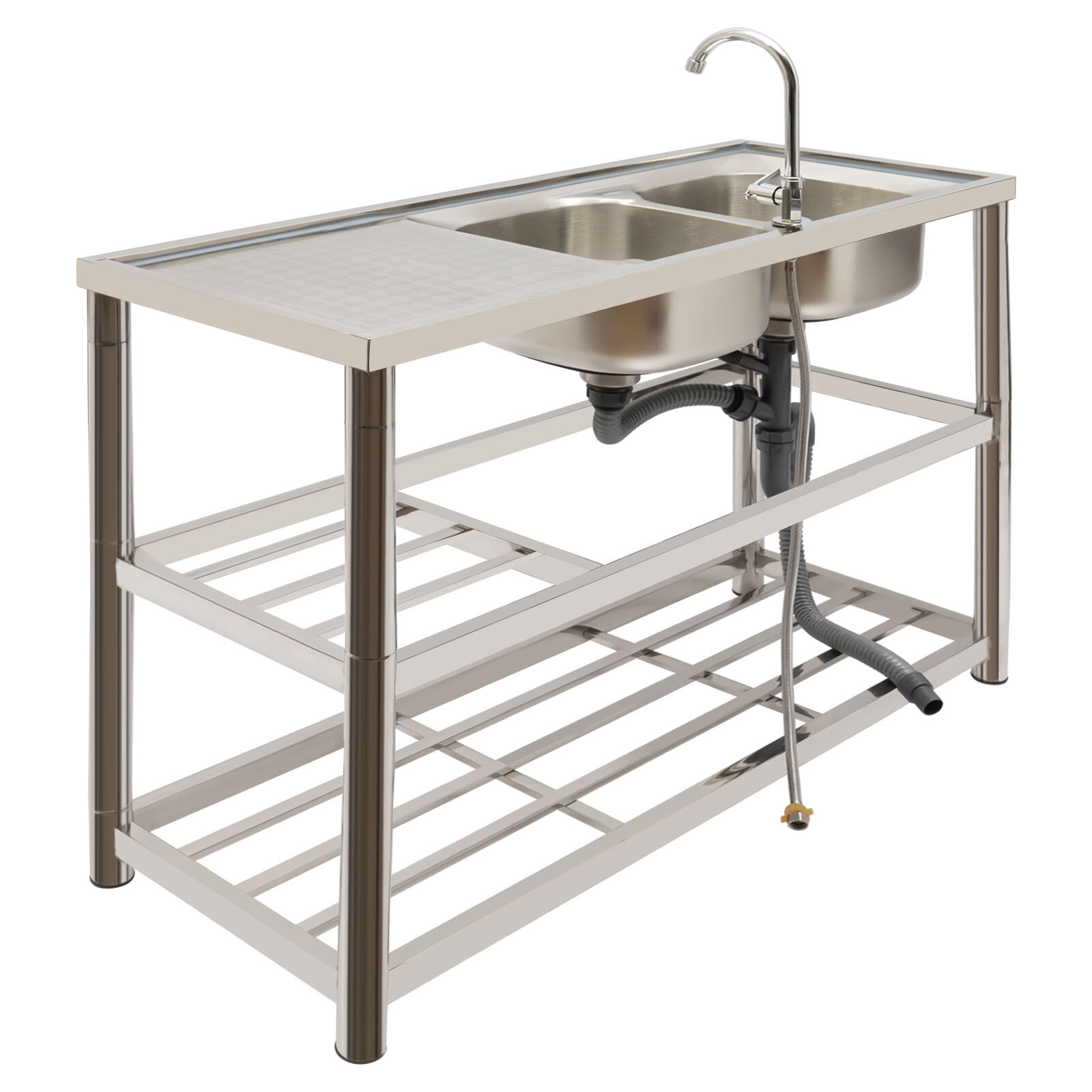 Free Standing Stainless-Steel Double Bowl Commercial Restaurant Kitchen Sink Set w/Faucet & Drainboard