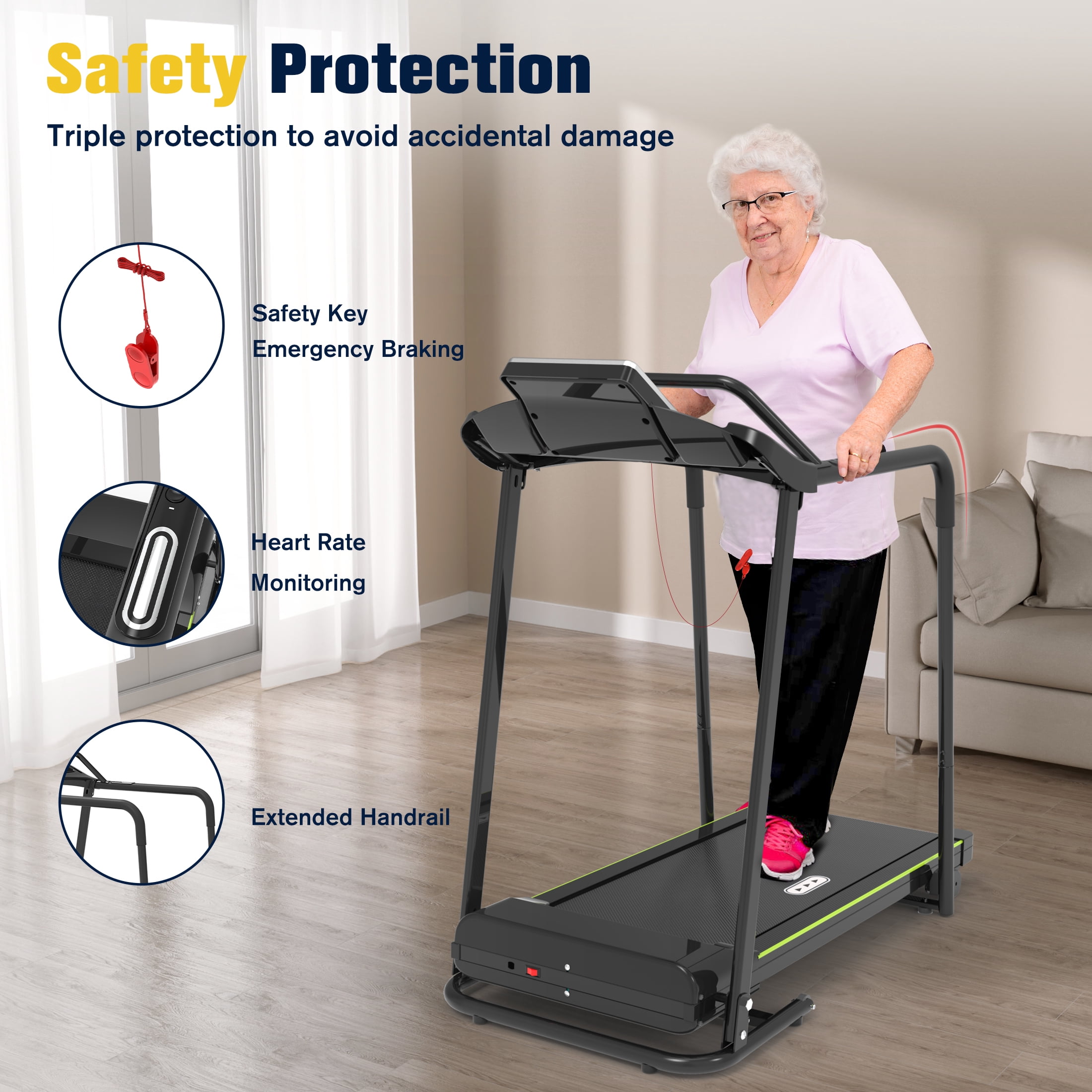 Hapycity Upgraded Folding Treadmill 300 lb 2.5HP with Long Handrails & Incline for Seniors Home Fitness