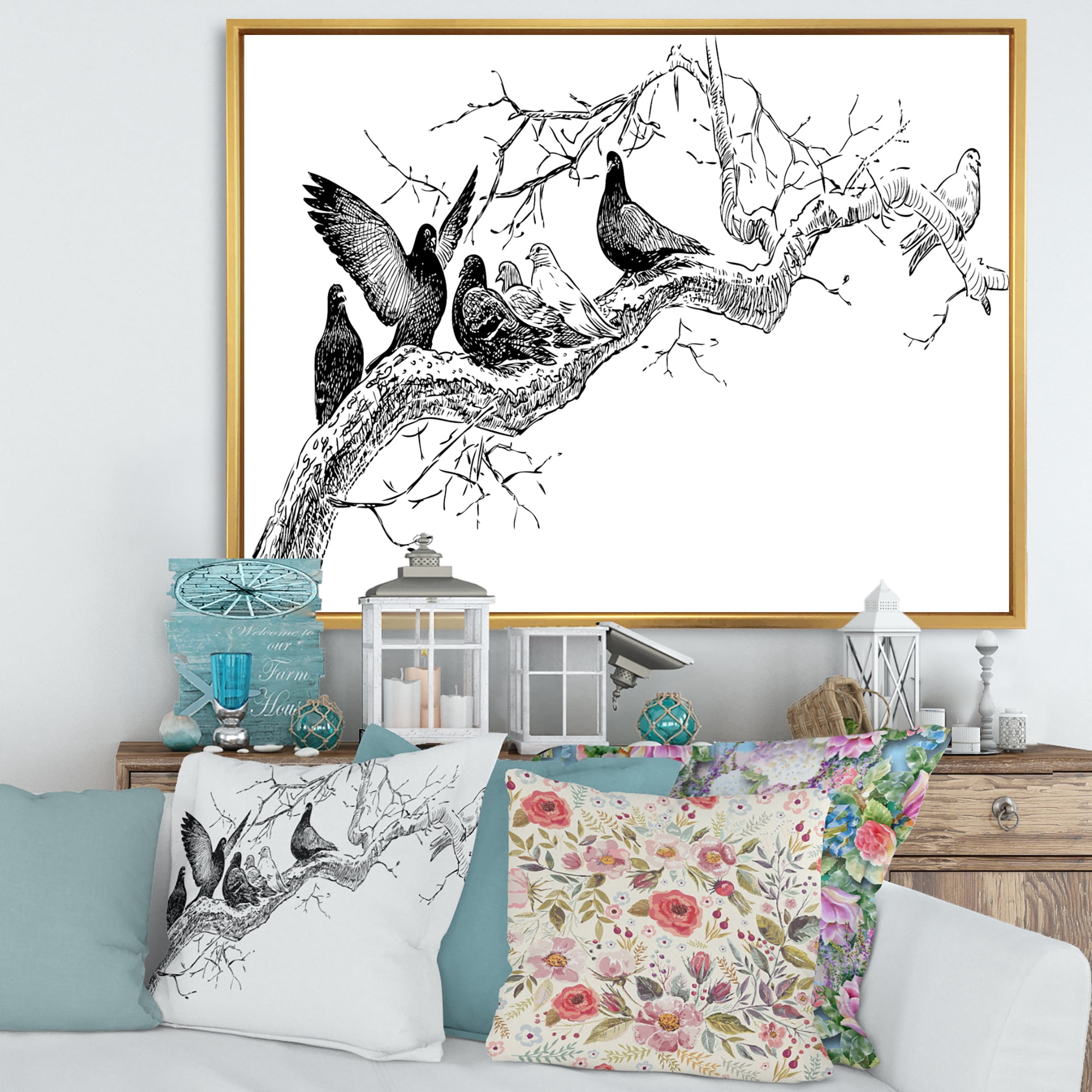 Designart 'Pigeons Sitting On The Tree Branch' Traditional Framed Canvas Wall Art Print